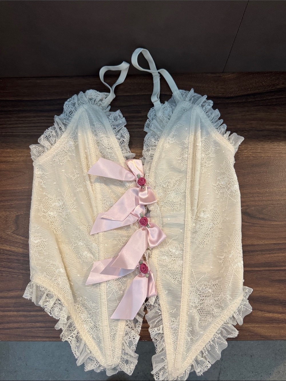 Urban Outfitters Out from Under Ivory Lace Chemise with Pink Ribbon Rosettes